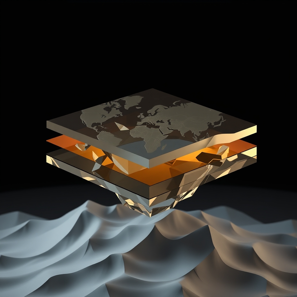 Overlapping translucent layers that form a fragmented 3D spatial structure, with color-coded regions that misalign and drift apart, depicting an untested mapping system.