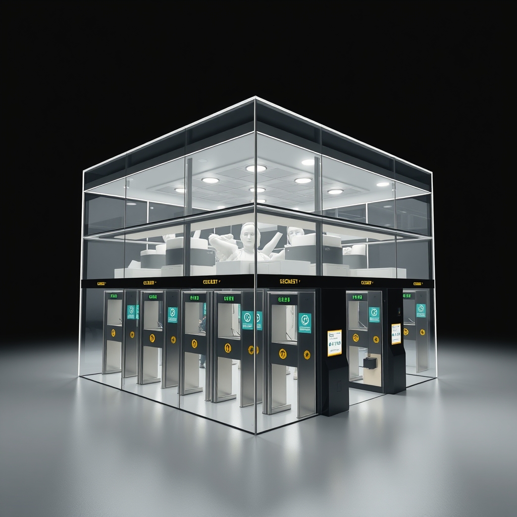 A multi-chambered facility with glass walls and layered checkpoints, illustrating how different levels of access control transparency work.