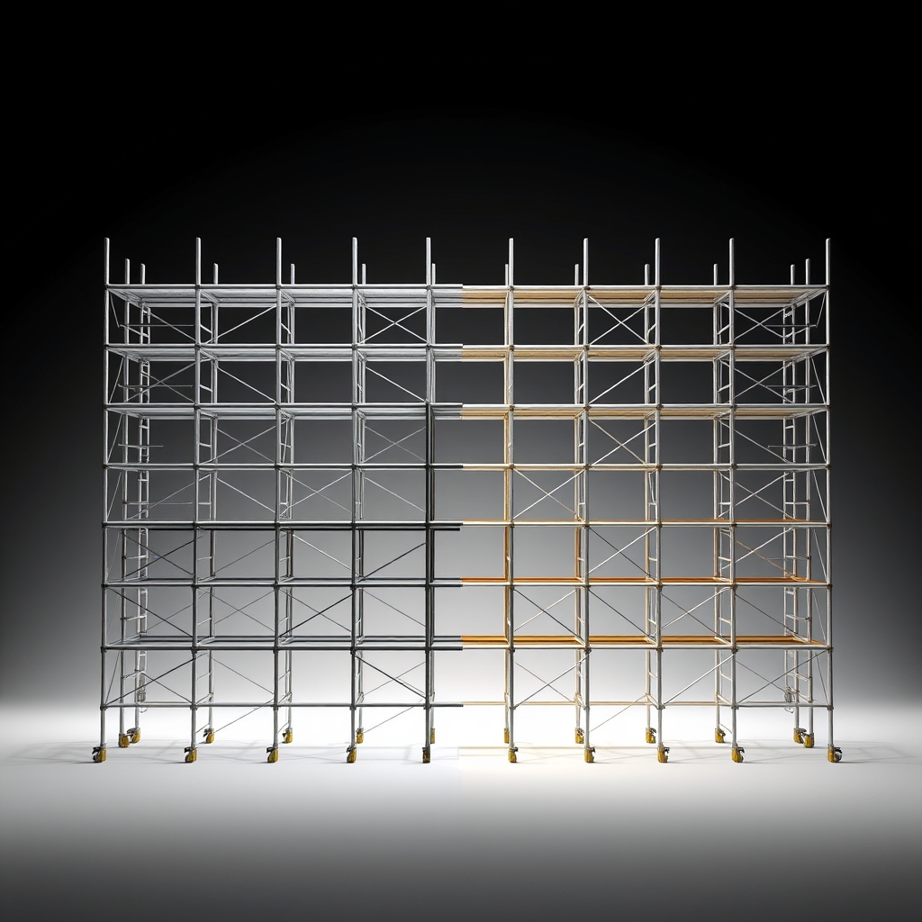 An illustration of a massive divided scaffold: one half fully assembled with solid reinforced beaming, the other half open framework with gaps and missing supports, representing unequal preparation for rapid technological transition.