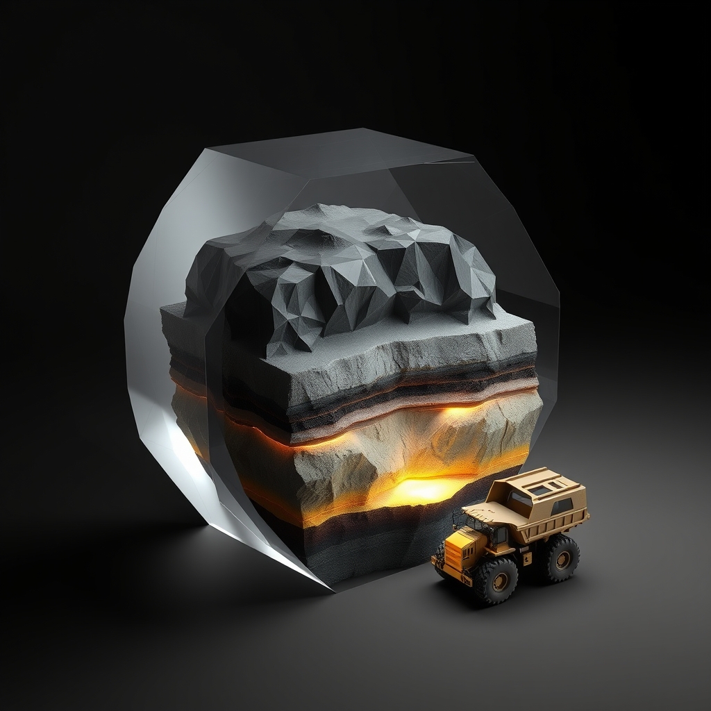 A cross-section of stratified earth in faceted 3D, with a mining truck positioned at the surface and glowing paths threading through the layers, representing how industrial operational data accumulates as a foundation for future capability.