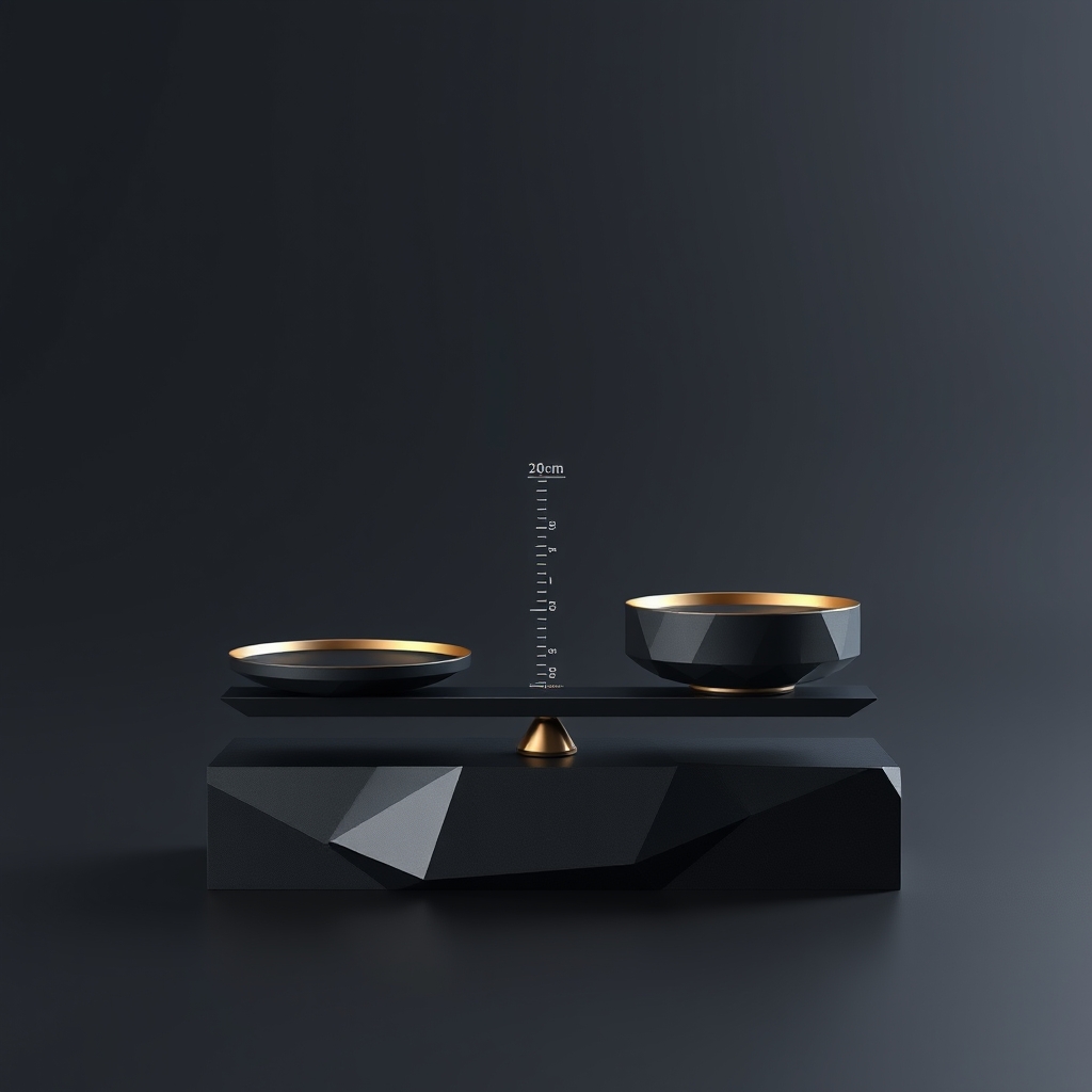 A faceted 3D balance scale bisected by a marked threshold line, with one platform elevated above and the other below.