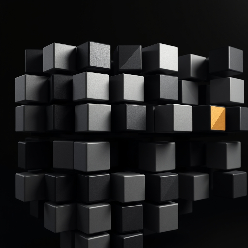 A geometric lattice of faceted 3D blocks with clean individual surfaces but visible fractures and misalignment at the connections where they join together.