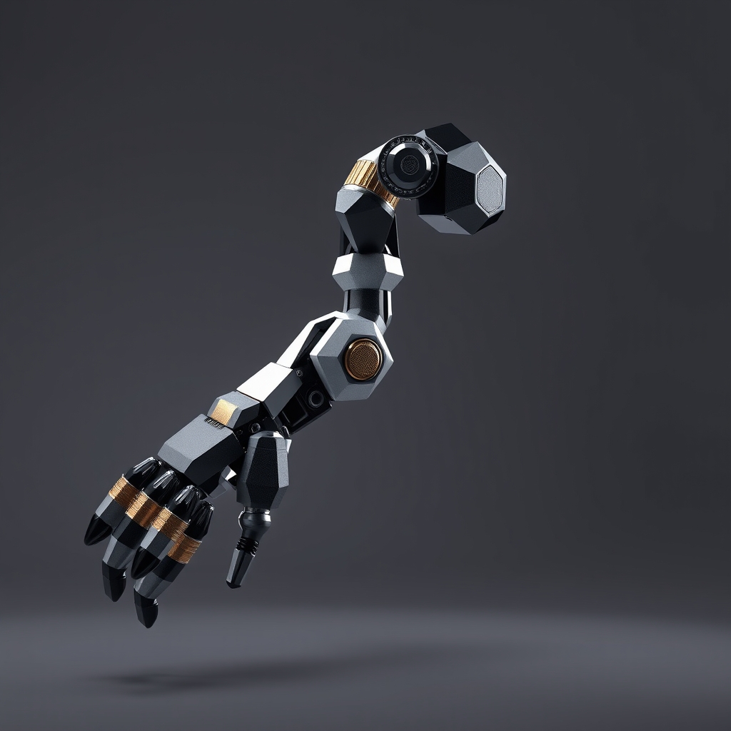 A seven-segment surgical robotic arm with faceted geometry merging from separate components into an integrated structure, symbolizing the synthesis of two surgical-robotics capabilities.