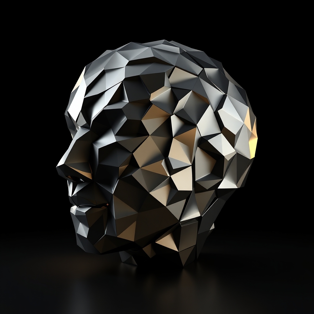 Uma cabeça geométrica low-poly facetada em tons metálicos, ilustrando como a fala sintetizada se transforma em um rosto animado de avatar.