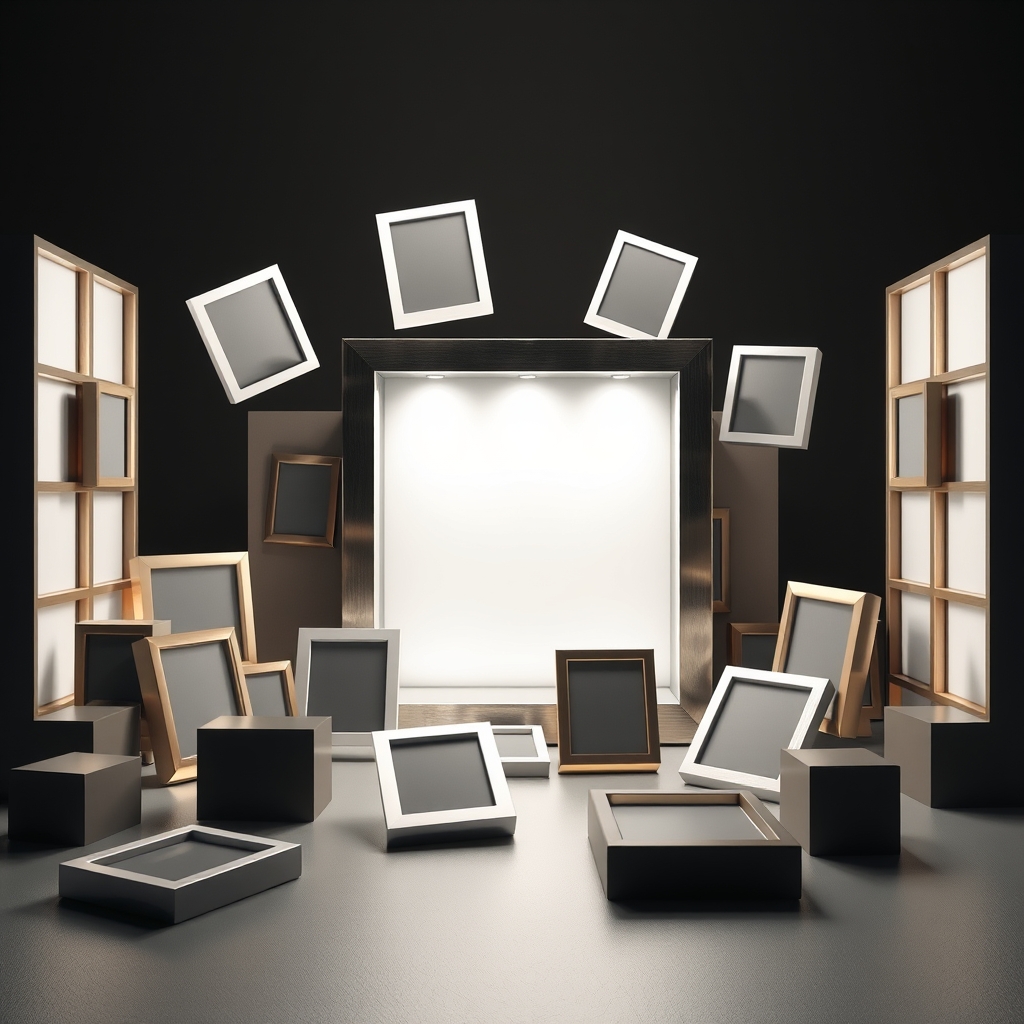 Scattered photograph shapes organizing into orderly rows around a central geometric lightbox, rendered in studio-lit faceted 3D.