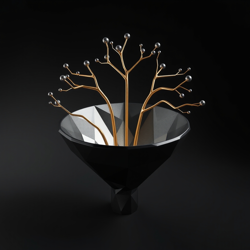 A faceted 3D funnel with multiple pathways branching outward at the top and converging toward a single point below.