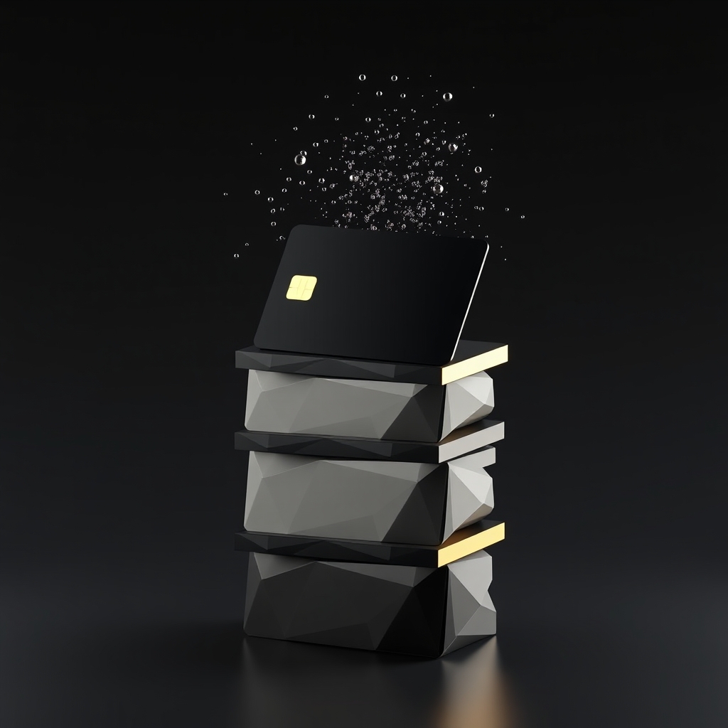 Stacked identification cards in geometric 3D form, with the upper half fragmenting into dispersing particles, illustrating the exposure and distribution of millions of identity documents.