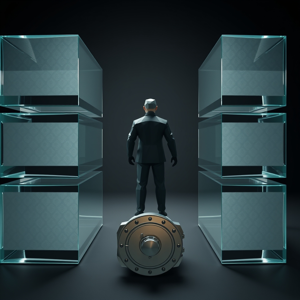 A faceted geometric agent navigates through layers of glass barriers of varying opacity—some transparent, others obscured—toward a locked vault, representing permission systems enforced by policy rather than technical barriers.