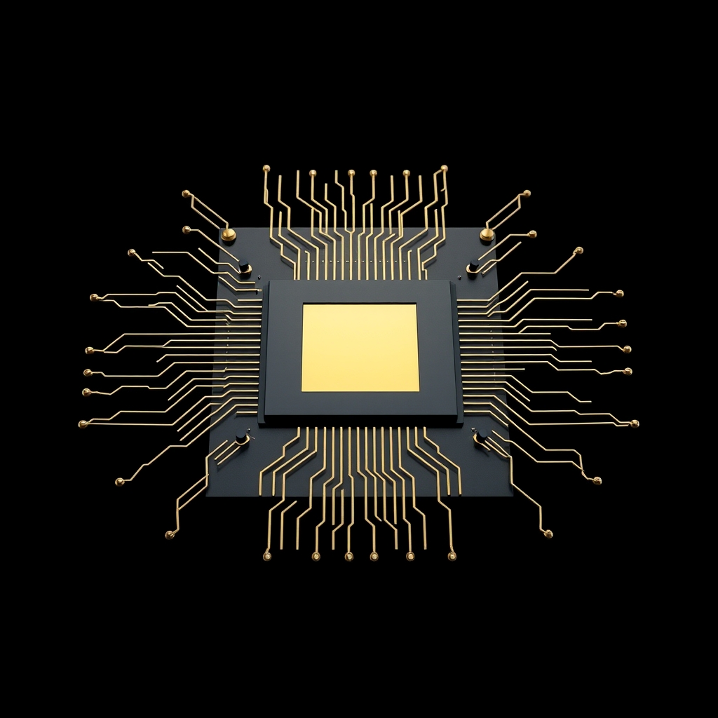 Two distinct geometric patterns—angular chip circuitry and flowing network branches—merging into unified form at the center of the composition.