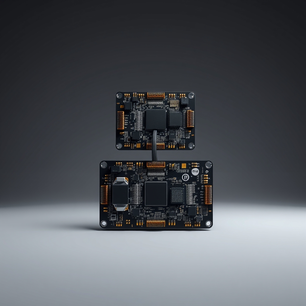 Two faceted geometric circuit boards of different sizes connected by a thick central cable, rendered in cool metallic tones with studio lighting, where the scale difference and geometric positioning convey the architectural dependency and interconnect control in the partnership.