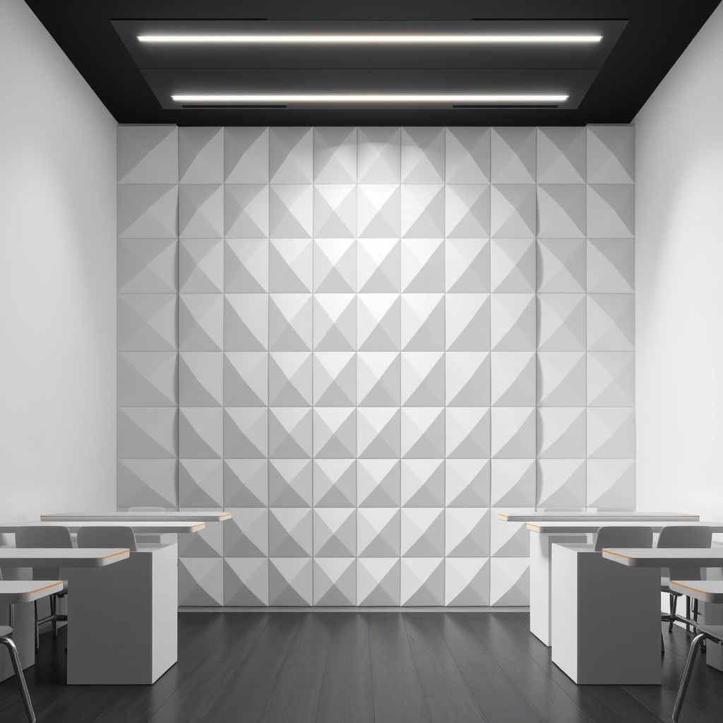 An empty classroom with a wall of white faceted geometric blocks under studio lighting, with plain desks and chairs at either side and no people present.