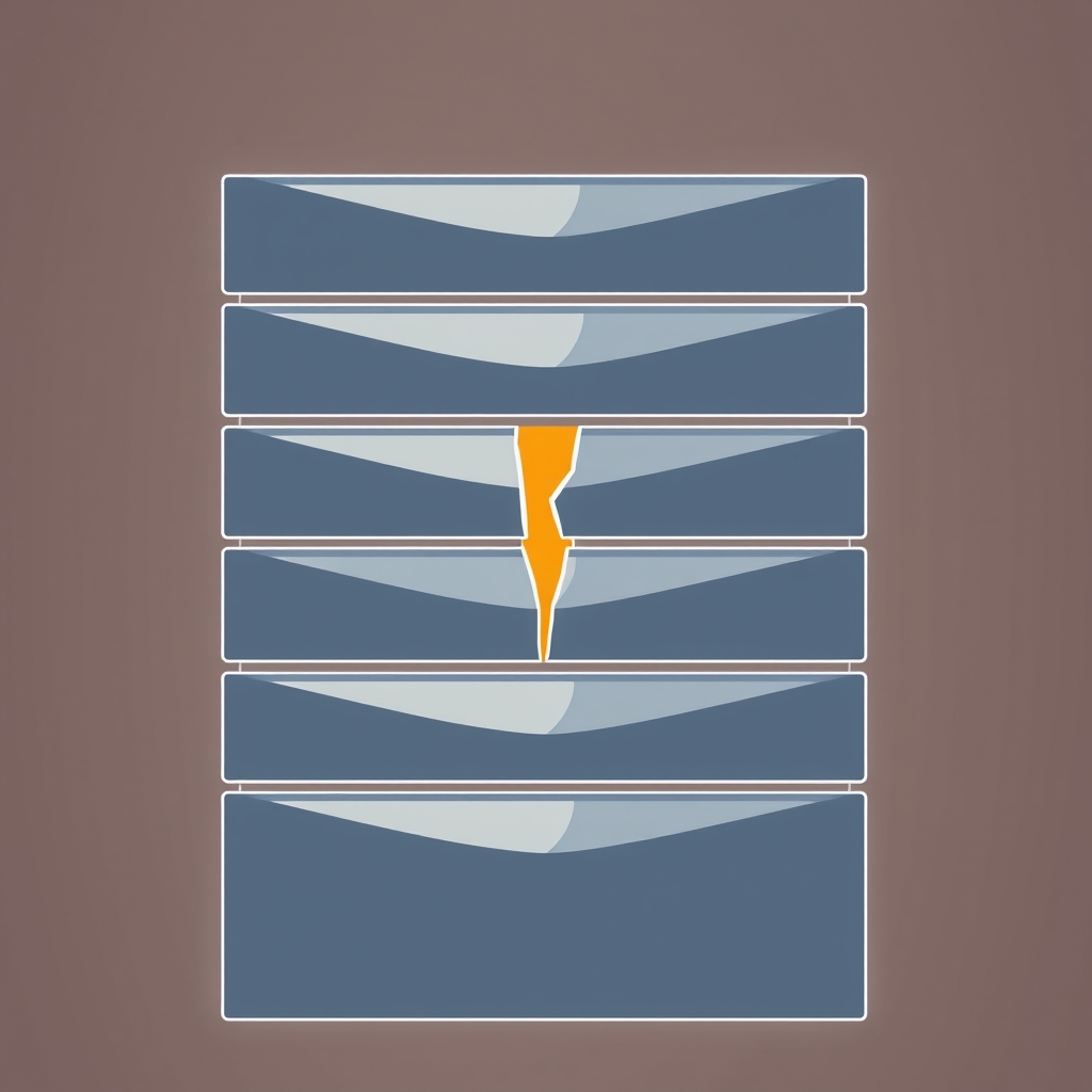 An abstract illustration of a translucent digital thread slipping past a broken wall to reach a grid of glowing server towers.