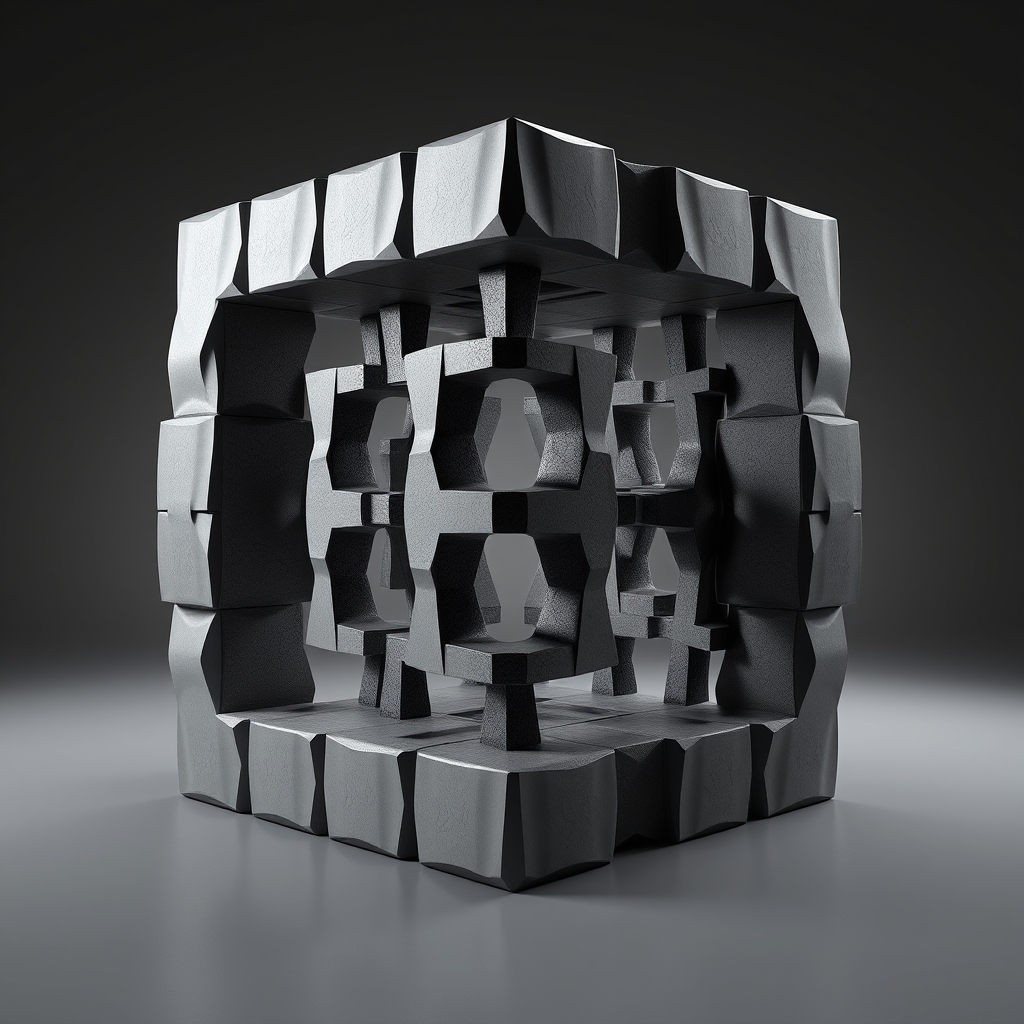 An abstract geometric form split by a central vertical plane: left side shows perfectly aligned 3D blocks, right side shows the same structure with broken edges and displaced boundaries.