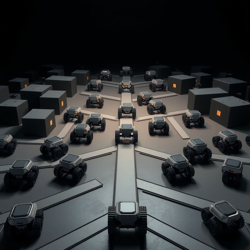 A network of abstract geometric delivery robots moving along expanding and interconnecting pathways across a stylized campus.