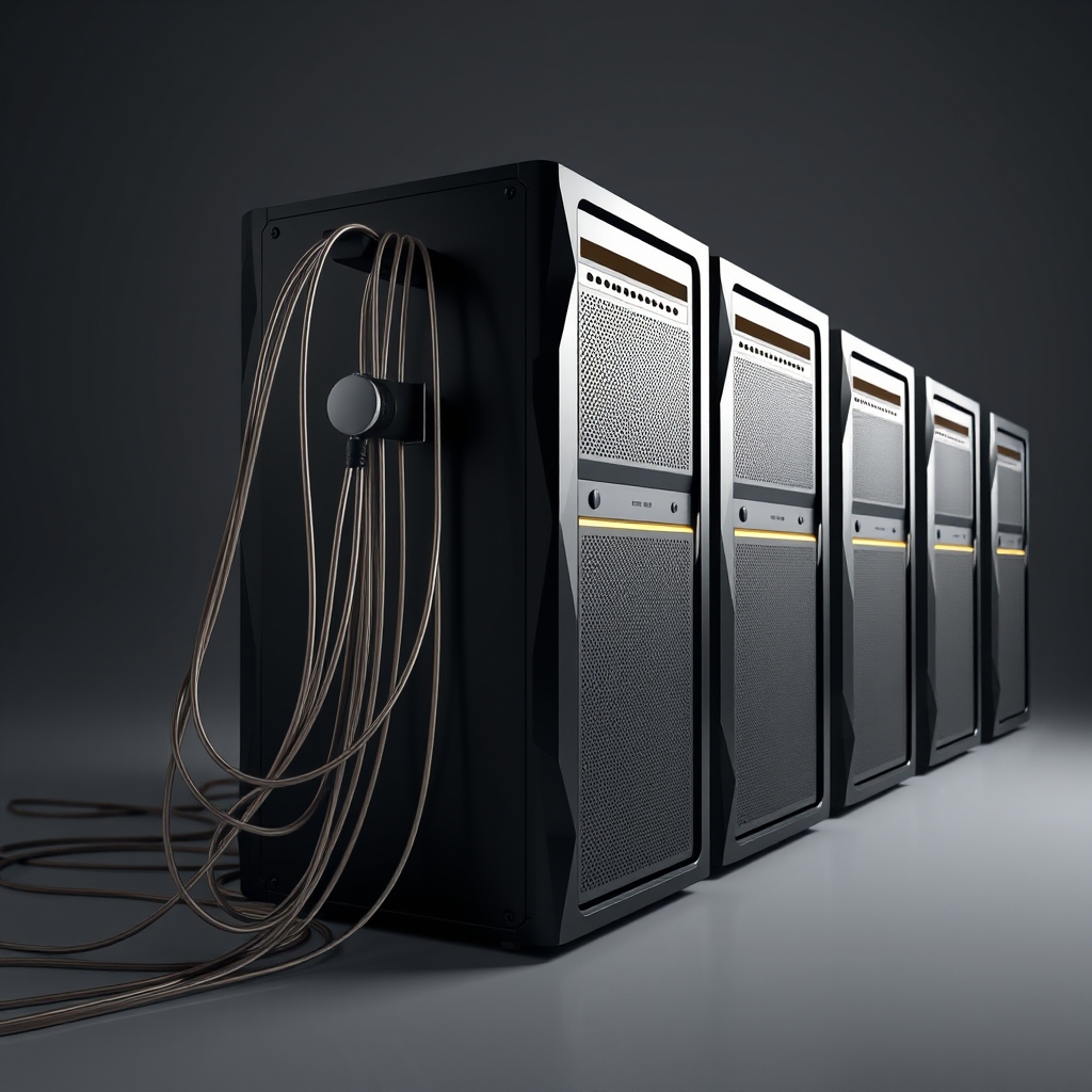 A row of identical server towers recedes into shadow, the nearest one tangled in loose cables.