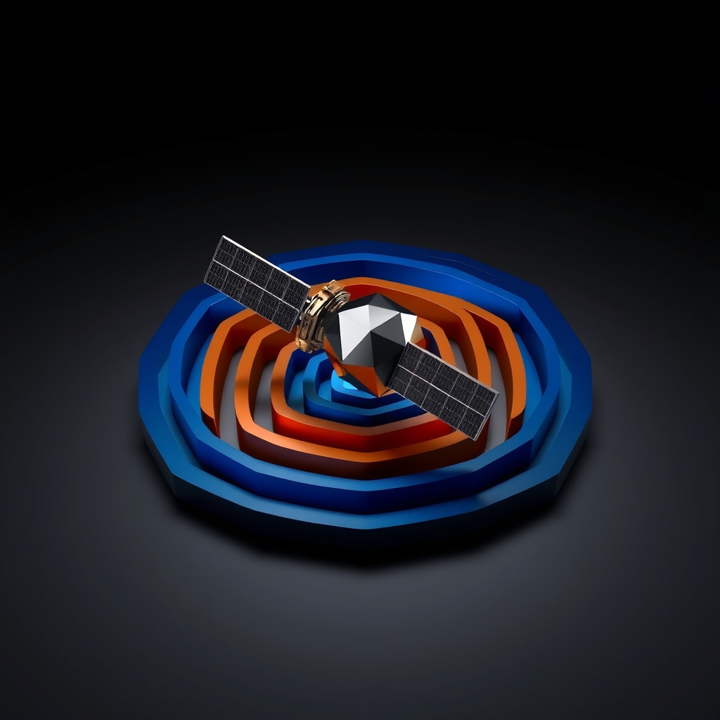 Concentric rectangular grid layers at progressively finer resolution in blue and orange, centered on a satellite, suggesting atmospheric observations resolving into greater detail.
